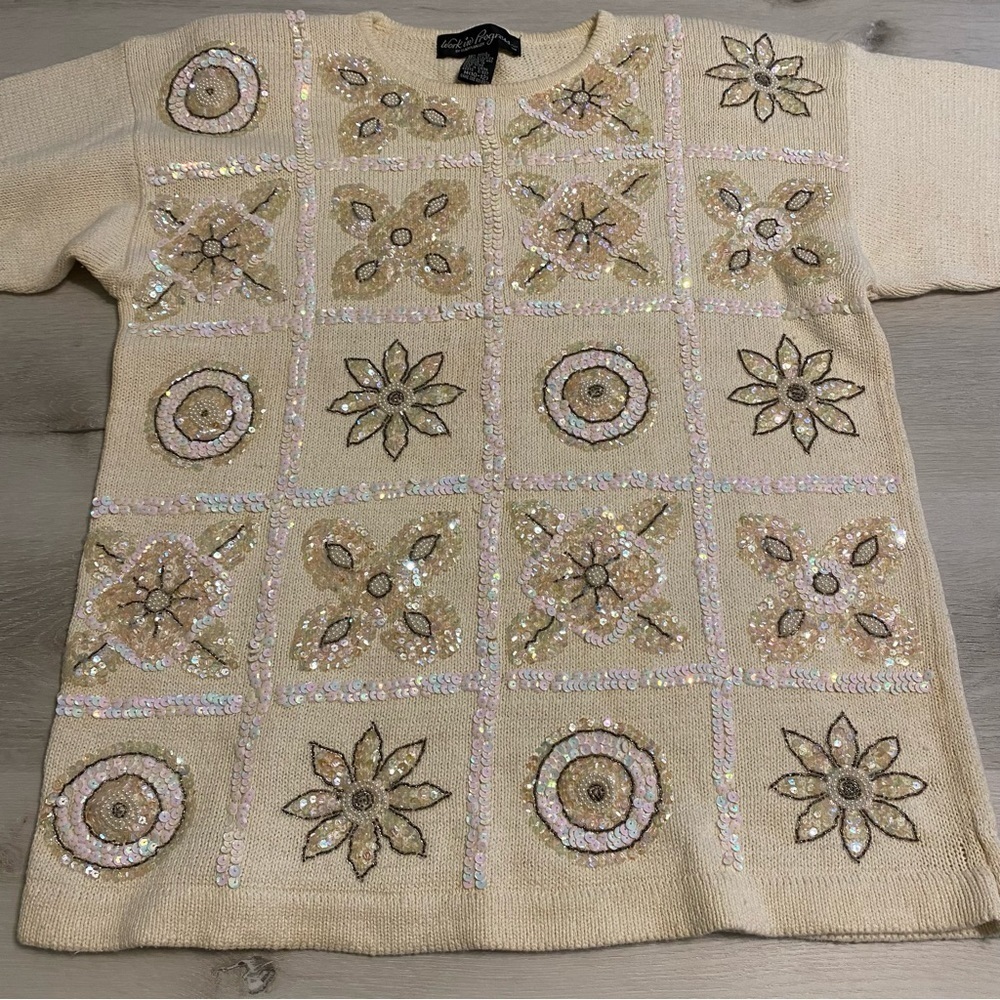Vintage Work In Progress Ivory Sequin Beaded Cotton Blend Crewneck Sweater, M